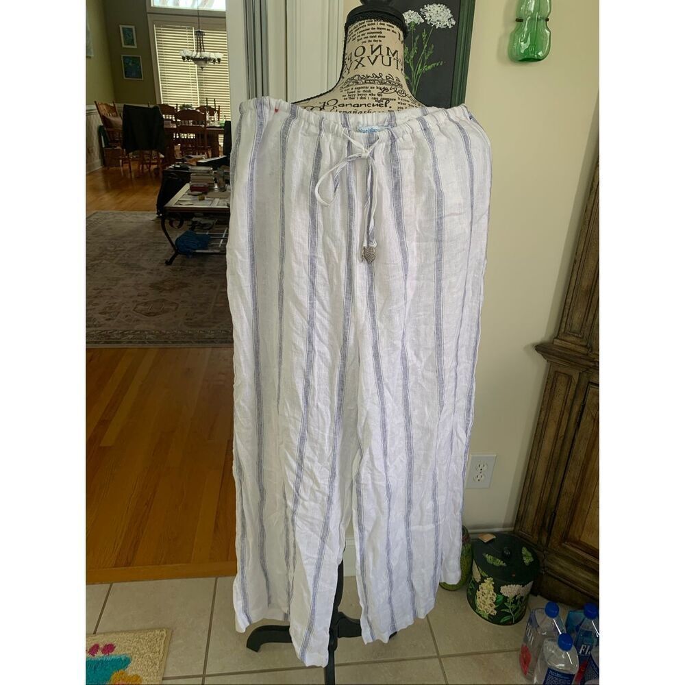 Blue Island Womens Wide Leg Pants XL White & Blue Striped Elastic Waist Linen